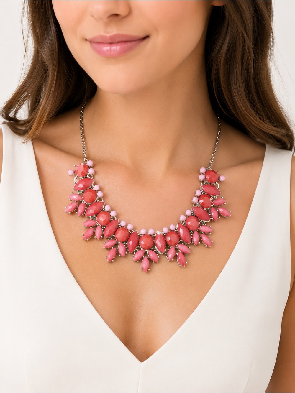 New York & Company Pink Statement Bib Necklace Faceted Gem Floral Occasion NWT